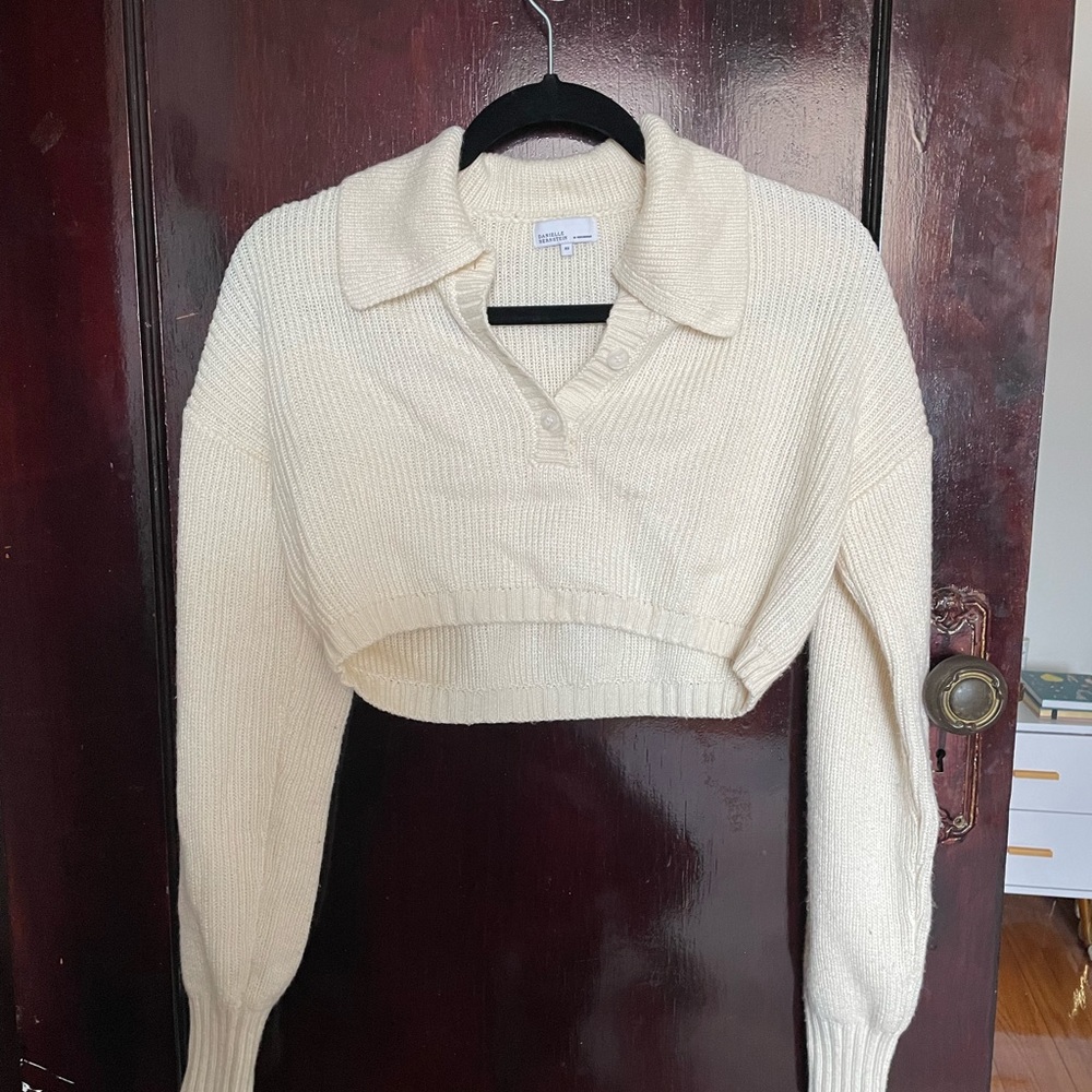 Danielle Bernstein WeWoreWhat cropped knit polo sweater